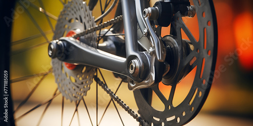 view of bicycle wheel Close up bicycle brake front disc brake bike Old mountain bike front brake disc over sunset background
