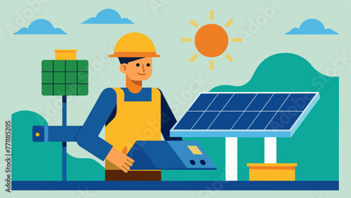 A factory employee uses a renewable energy source such as solar panels to power the production line showcasing the companys commitment to