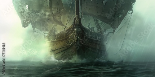 large boat deep lot moody deck sailing ship during ghostly spirits throne green fog torn sails computer ships