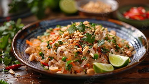 A vibrant plate of pad Thai with peanuts and lime