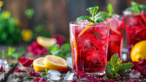 A refreshing glass of iced hibiscus tea with lemon and mint photo