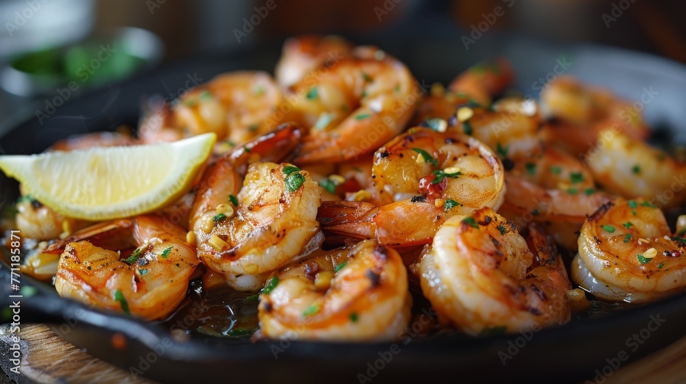 A sizzling plate of garlic shrimp with a lemon wedge A sizzling plate of garlic shrimp with a lemon wedge