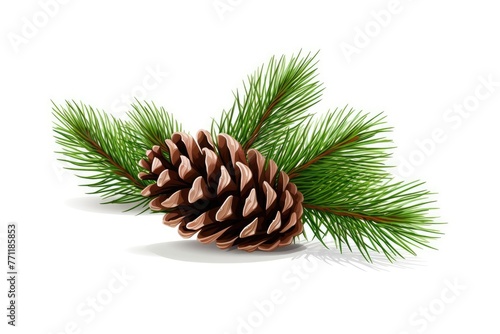 Brown pine cone on white background with fir branch photo