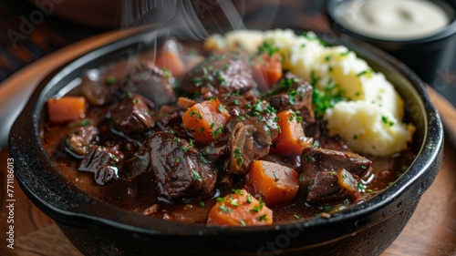 A steaming dish of beef bourguignon with a side of mashed potatoes