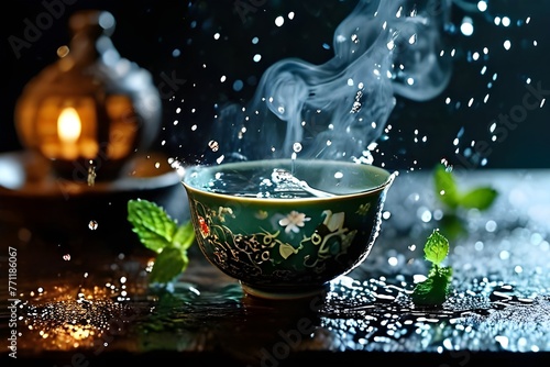 A sequence of tea and water being poured alternately  creating steam as the hot water mixes with the tea leaves.