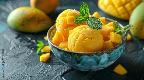 A vibrant bowl of mango sorbet with fresh mango pieces photo
