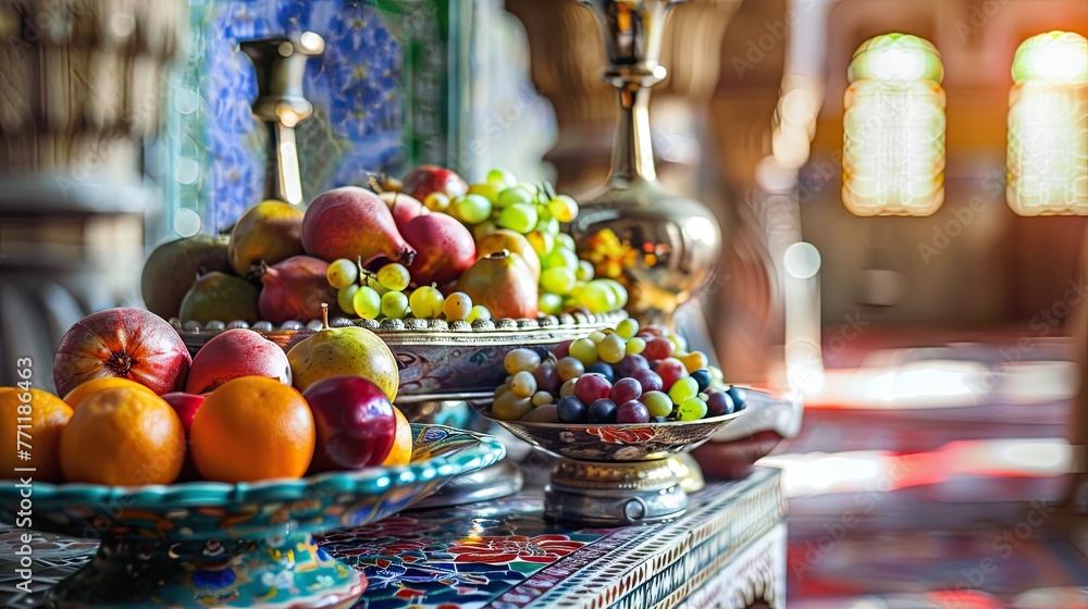 Ramadan Kareem ifter food and decoration on wooden table