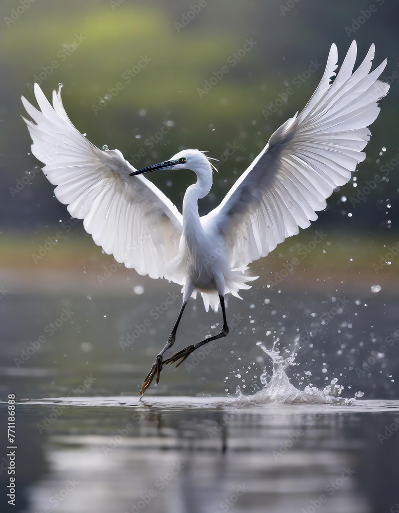 Obraz premium A great Cattle Egret (Bubulcus ibis) spread its wings splashed water on lagoon surface