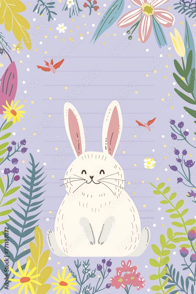 white rabbit sitting middle field flowers card back template illustrations animals pastel raised hands news cell journal fluffy diary hand android format