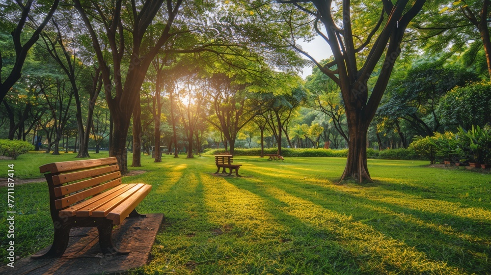 beautiful green park with wooden benches, Generative AI