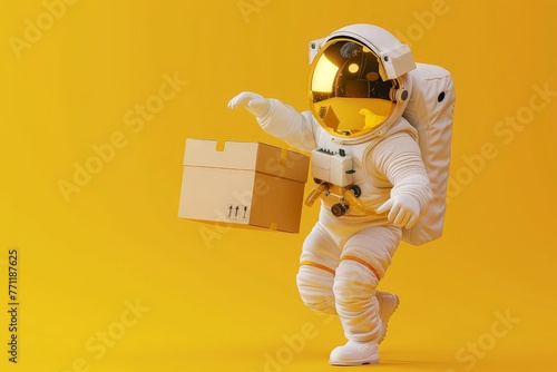 Delivery service, Astronaut for delivery of around the world on yellow background, Generative AI