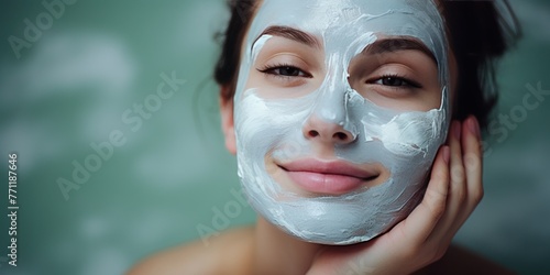 Spa girl with pleased facial expression applying facial clay mask. Beauty treatments. Over blue background. photo