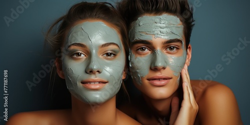 Close up selfie of beautiful happy couple. Facial, spa and smile. Couple for skincare, cosmetics. Beauty, relax and self care with man and woman with clay mask at home for salon, wellness