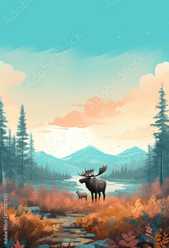 National park vintage colorful posters with deer head moose and and backpack on nature landscapes illustration, Big wild male mammal, Wild Moose in forest jungle, river