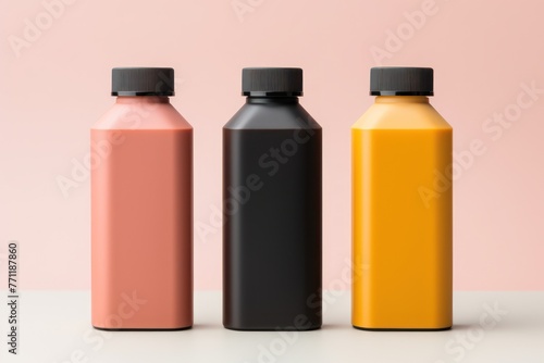 plastic bottle on colorful block background realistic mockup. Liquid product packaging mock-up