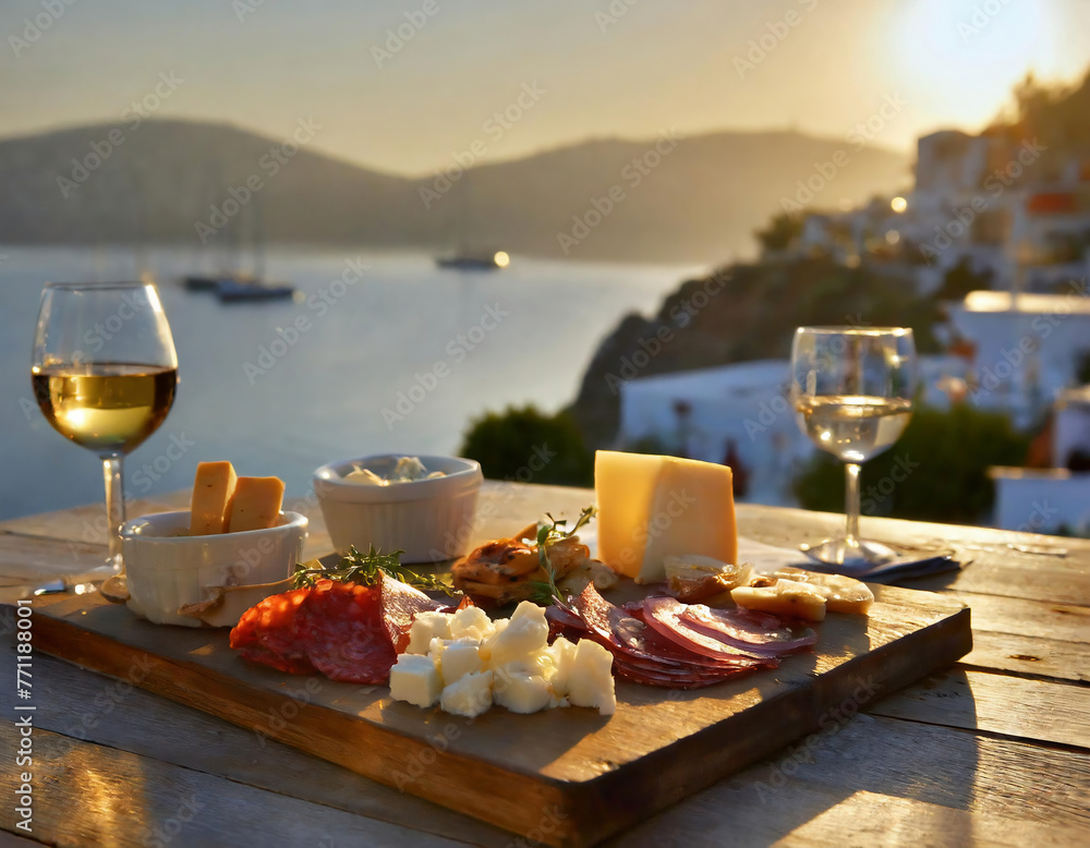 Fototapeta premium Cheese platter with different types of cheese, olives, prosciutto, salami, mozzarella and white wine at sunset in Bodrum, Turkey
