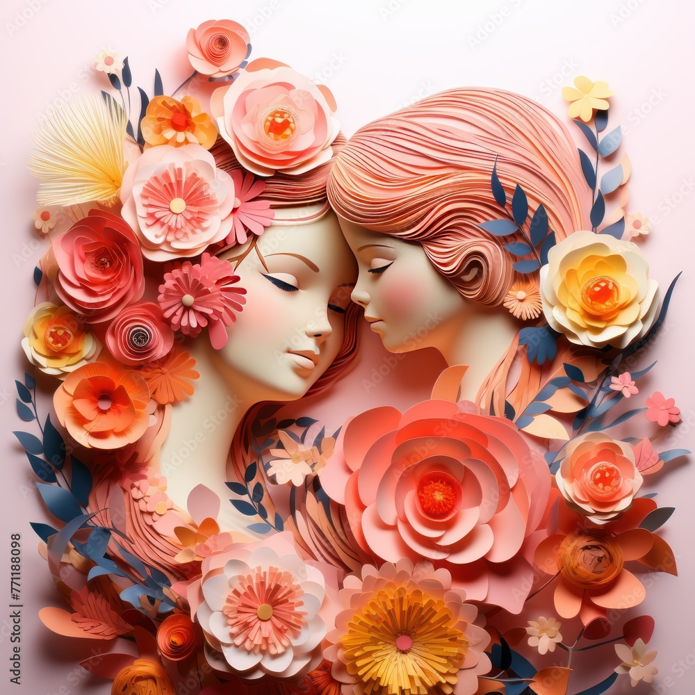 Happy mum cuddles her daughter surrounded by gorgeous paper cut flowers. Happy Mother's Day. Young mother and daughter like a plastic doll. Paper cut flower wreath. Pink pastel colors