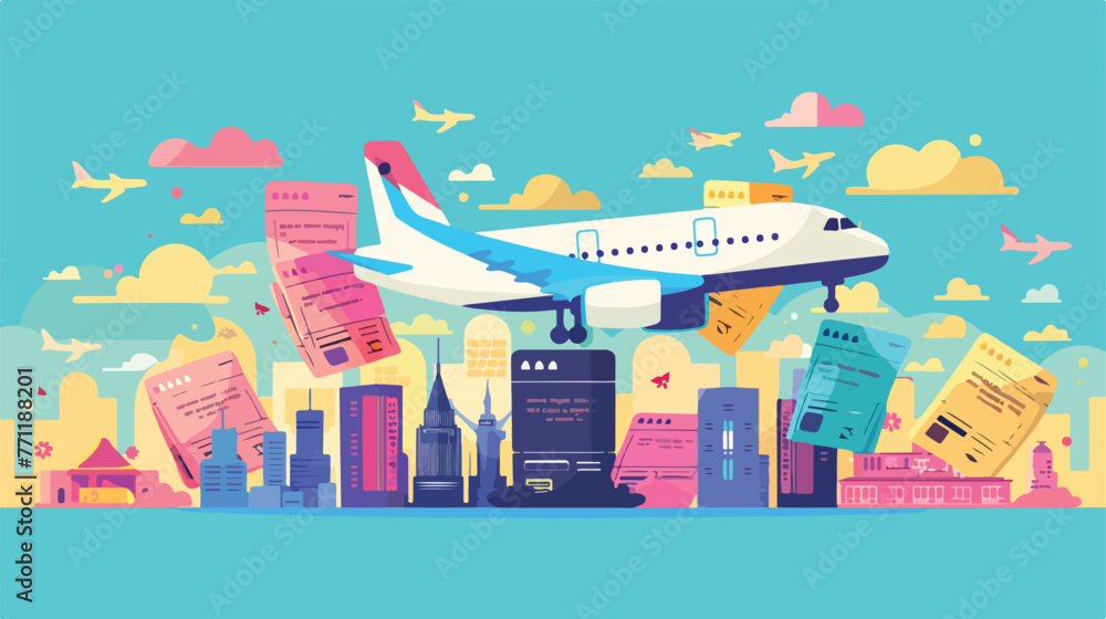 Silhouette with flight tickets color flat cartoon v - obrazy, fototapety, plakaty 