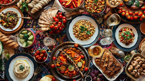 Ramadan Kareem ifter food and decoration on wooden table