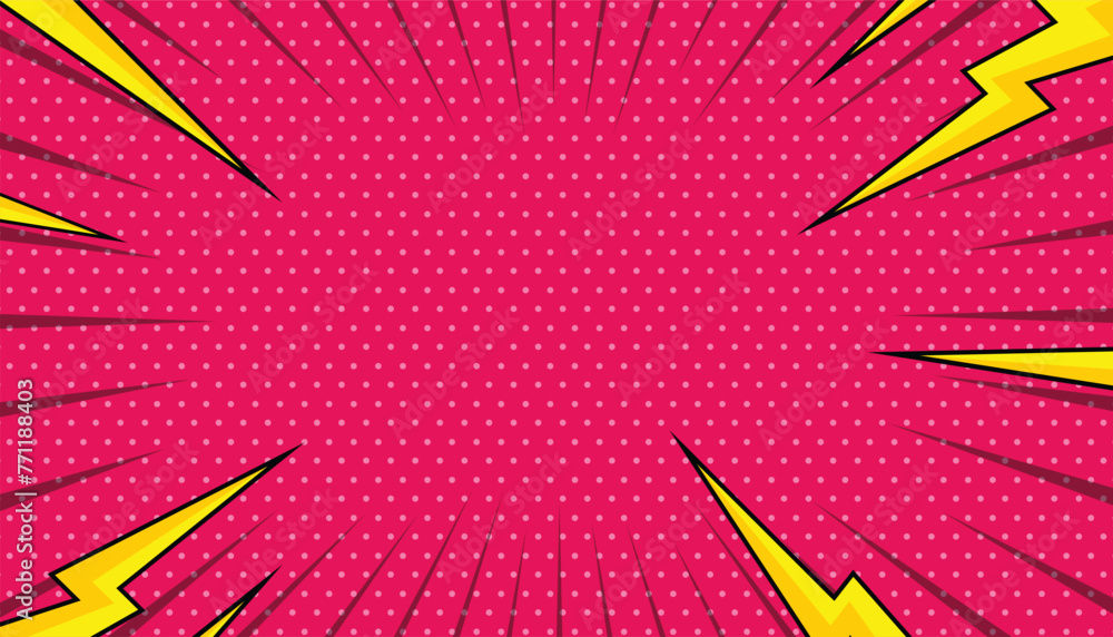 Fototapeta premium Pop art comic background with thunder flash. pink comic design with thunder background, comic illustration in pop art style. cartoon frame, retro cover halftone effect