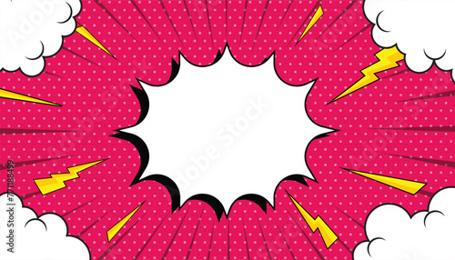 Blank comic cartoon pink background with clouds and thunder lightning. empty dialog background thunder lightning. Comic background cartoon style. vector illustration
