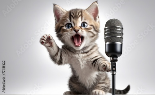 kitten sings karaoke into a vintage microphone kitten screaming into a microphone