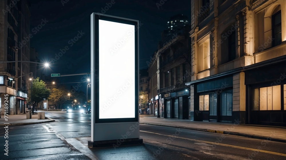 Blank white billboard mockup on city street, buildings and road background, advertising information poster on street next to roadway bus station