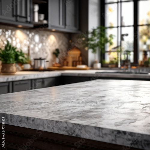 Clean and empty marble countertop  with a white autumn afternoon window.