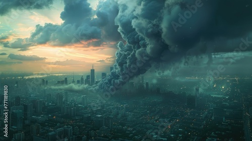 Environmental allergens visualized as an ominous cloud over a city  hyper-realistic style