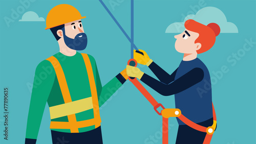 A closeup of a worker receiving handson training from an instructor practicing how to properly use a safety harness while working at heights.
