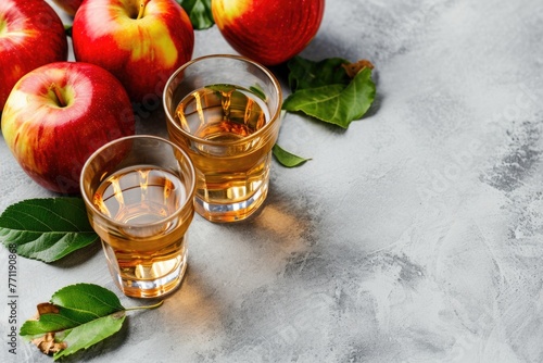 Two glasses of apple juice are on table with apples and leaves