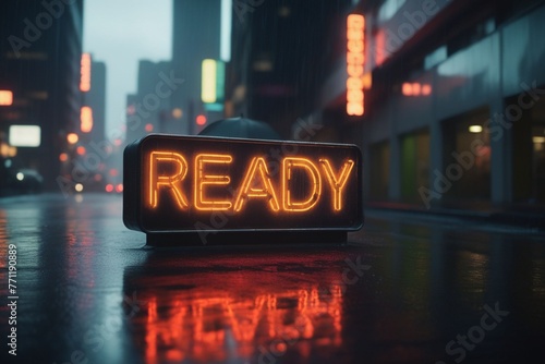 Slogan ready neon light sign text effect on a rainy night street, horizontal composition