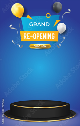 grand opening sale discount portait template banner with 3d podium for product sale social media with abstract gradient blue background design1 photo