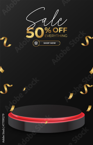 sale discount portait template banner with 3d podium for product sale social media with abstract gradient black background design