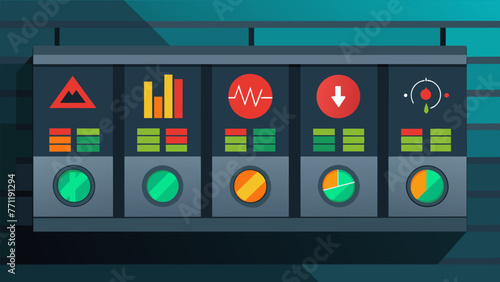 A closeup of a series of blinking LED lights on a monitoring panel indicating the realtime status of various industrial machines and their