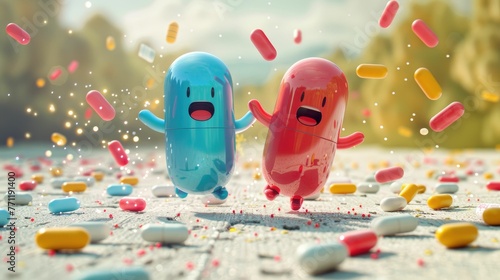 Fun 3D animation of anthropomorphic antihistamine pills battling allergens, comic book style