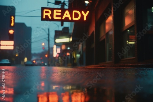 Slogan ready neon light sign text effect on a rainy night street, horizontal composition