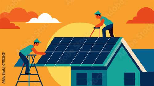 Hightech solar panels being installed on the roof of a factory with workers securely fastening them in place to harness the power of the sun.