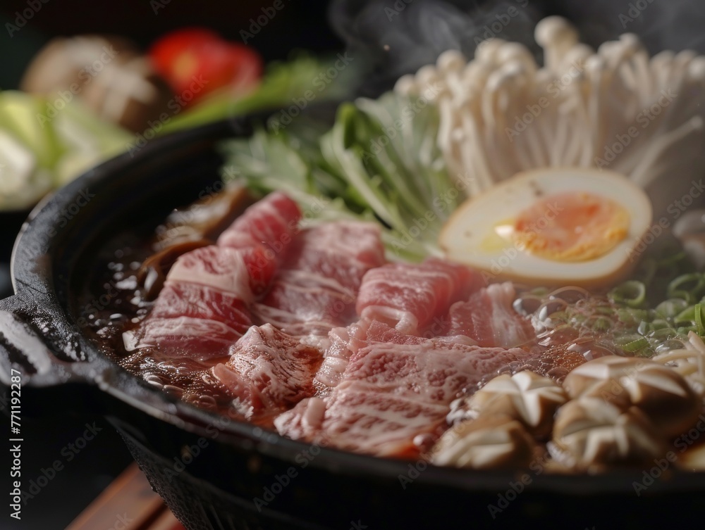 The ritual of adding ingredients to a sukiyaki pot The ritual of adding ingredients to a sukiyaki pot