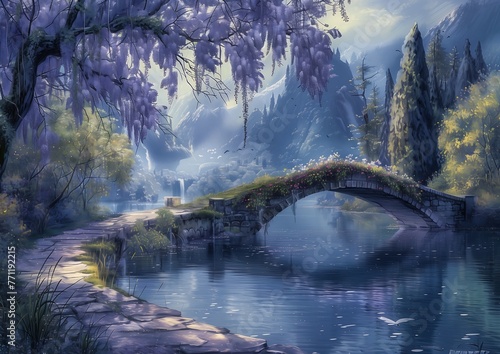 bridge river waterfall background breathtaking lilacs white sweeping arches house walking towards also known artemis springtime morning young photo