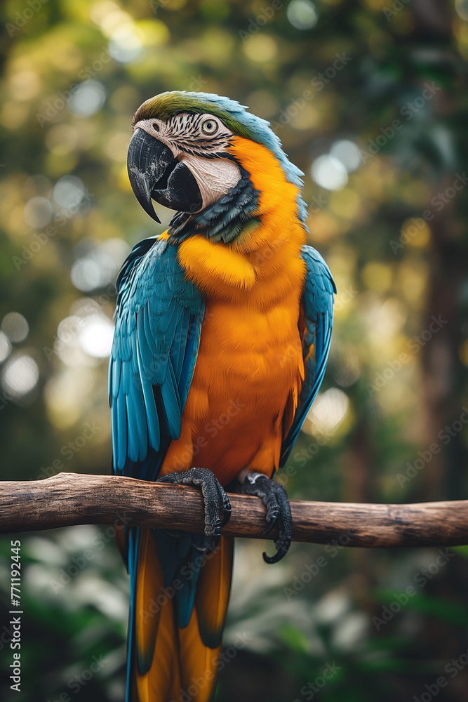 A macaw perched on a branch in the background of the forest. 