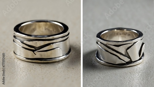 An avant-garde ring crafted from recycled silver, featuring an asymmetrical design that challenges traditional aesthetics Generative AI