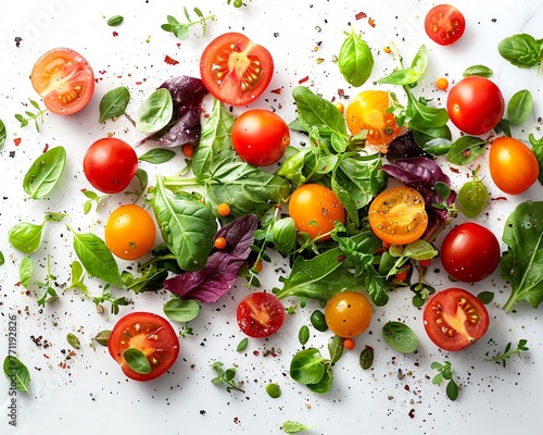 Healthy salad ingredients scattered, closeup, photorealistic, vibrant, white background ,digital photography,Prime Lenses