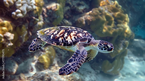 Young Hawksbill Turtle swimming along in Nassau, Bahamas.
