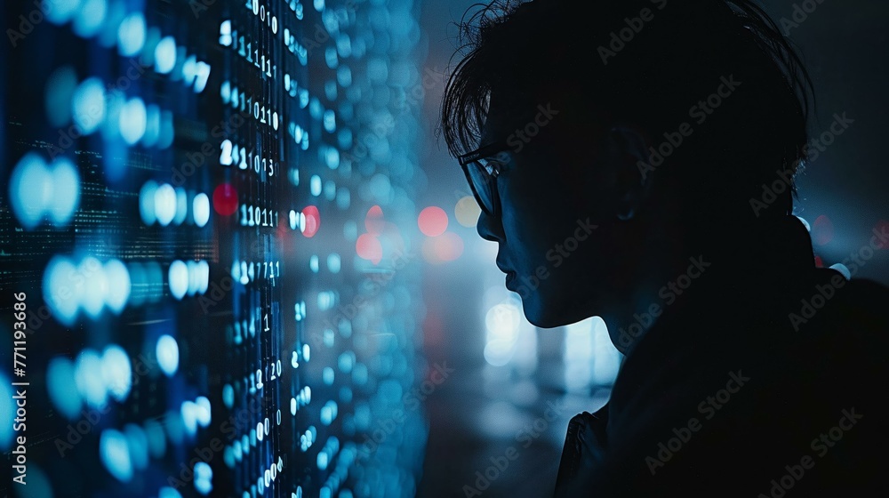 Silhouette of a hacker with a dynamic cybersecurity data interface Silhouette of a hacker with a dynamic cybersecurity data interface