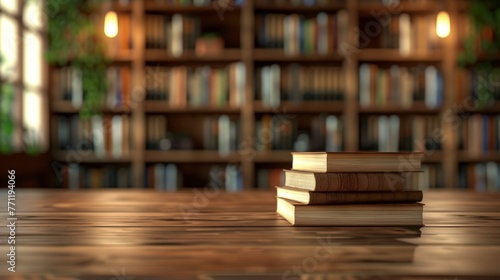 Book stack on wood desk and blurred bookshelf in the library room, education background, back to school concept