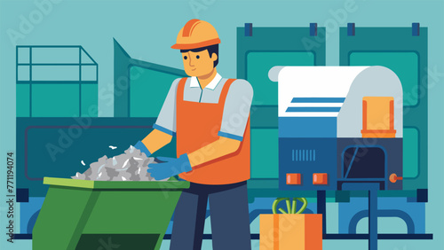 A detailed shot of a factory worker using specialized equipment to shred and compact excess materials showcasing the importance of reducing
