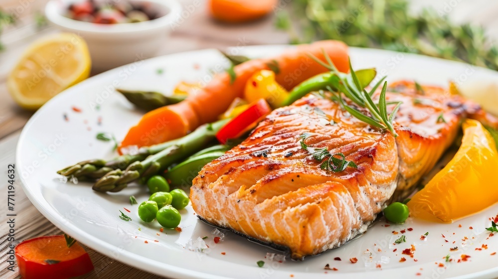 grilled salmon with asparagus, pea, yellow peppers, carrots and spring onions on white plate grilled salmon with asparagus, pea, yellow peppers, carrots and spring onions on white plate