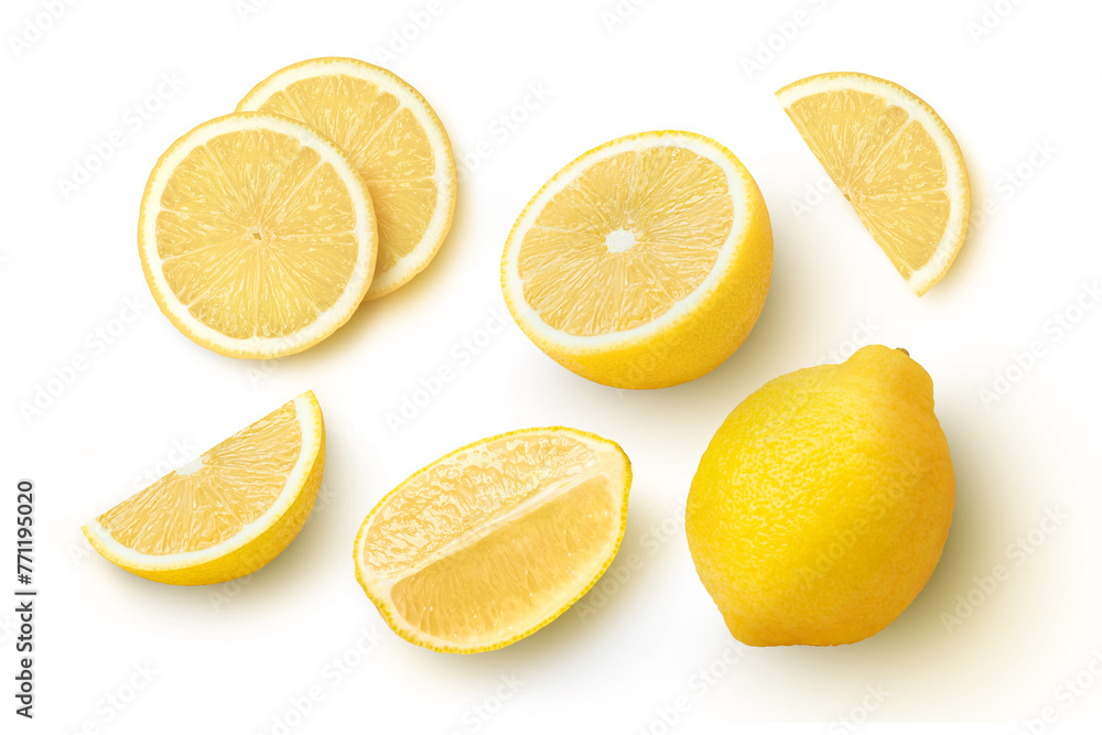 Fresh organic yellow lemon fruit with slice isolated on white background . Top view. Flat lay