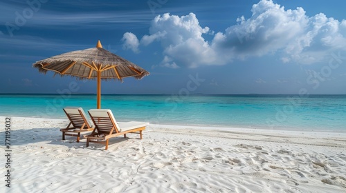 Pair of sun loungers and a beach umbrella on a deserted beach; perfect vacation concept